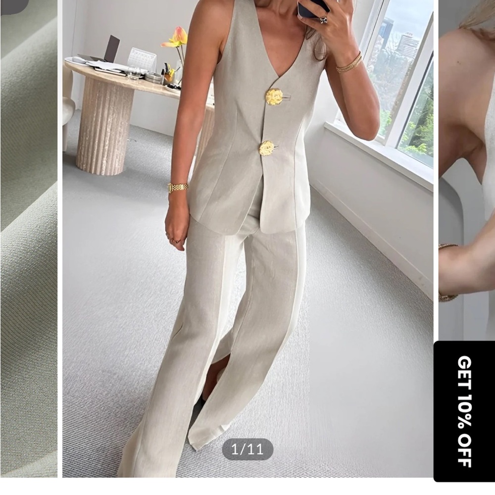 Commense Beige Sleeveless Pantsuit with Gold Buttons